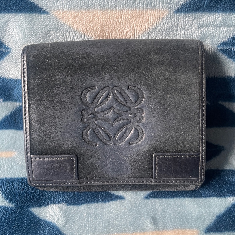 Loewe Black Logo Embossed Suede Compact Wallet